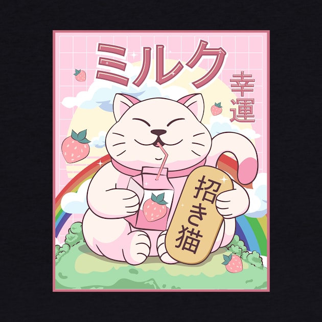 Kawaii Maneki Neko Cat Strawberry Milk Japanese Aesthetic Gift by Alex21